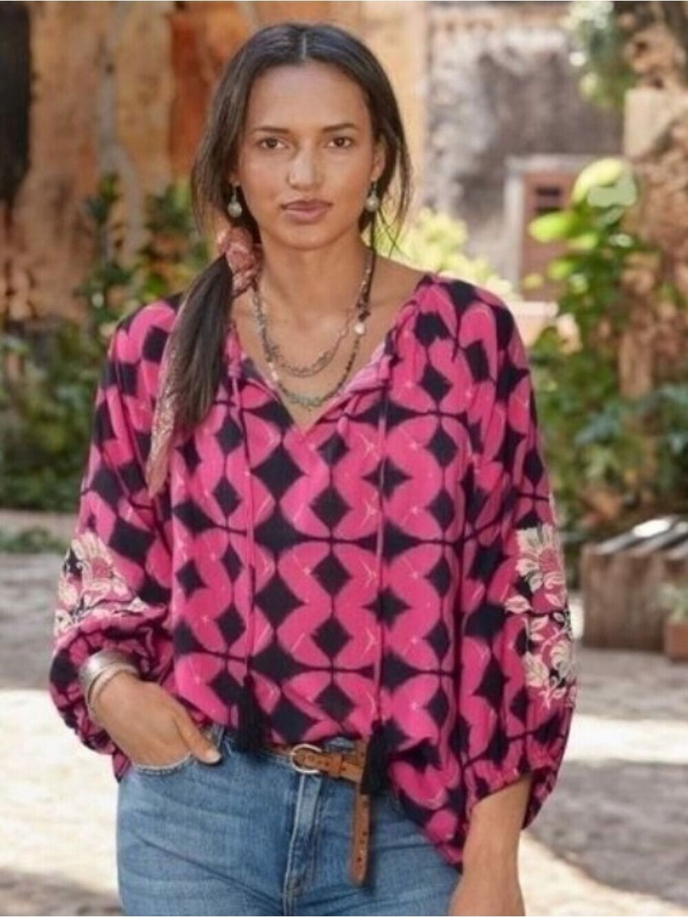 Sundance Hyacinth Batik Boho Peasant Tassel Tie Oversized Top Size Petite Small